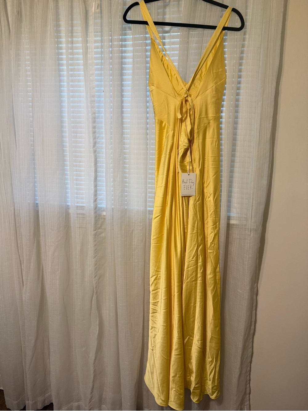 Show me your mumu Yellow Satin V‑Neck Slip Dress with Tie Back